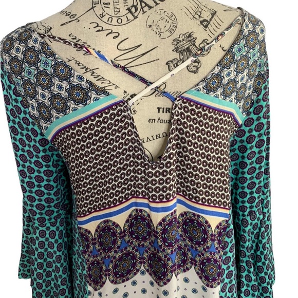 Umgee Boho Mini Dress Multicolor Bell sleeves open back women’s size medium - Picture 7 of 11